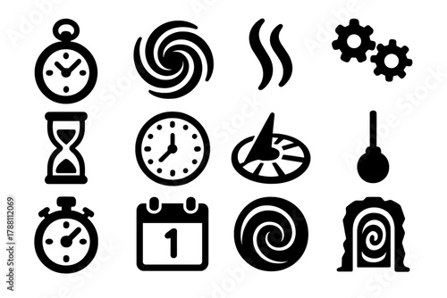 Time Travel Essentials. Solid style icons of time travel essentials: pocket watch, vortex, steam, gears, hourglass, clock face,