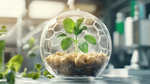 Tiny plant growing inside hexagonal nanotech sphere, with blurred laboratory background, representing future agriculture and bioengineering science.