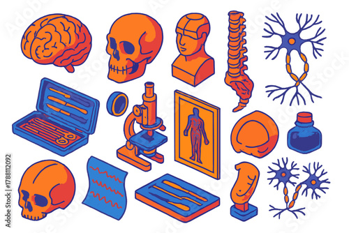 Vintage Neurology Icons. Isometric vector illustration set Vintage Neurology: anatomical brain hemisphere, aged skull study,