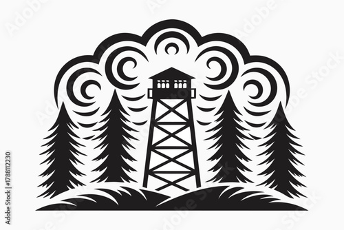 Silhouette depicts a tower amidst trees with stylized clouds in a monochrome black and white scene