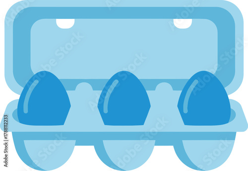 Three bright blue eggs presented in an open light blue carton, isolated for clarity. ideal for food, breakfast, grocery, cooking, or unique holiday themes.