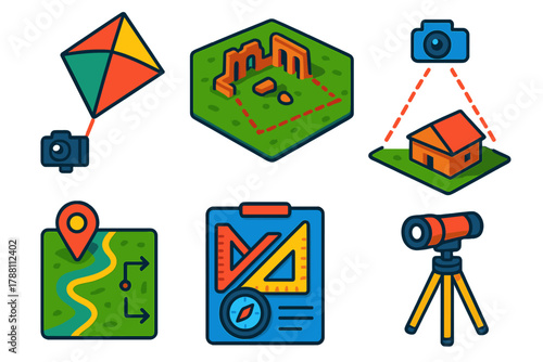 Kite Aerial Survey. Isometric vector illustration set Kite aerial photography: kite with mounted camera, surveying an ancient ruin