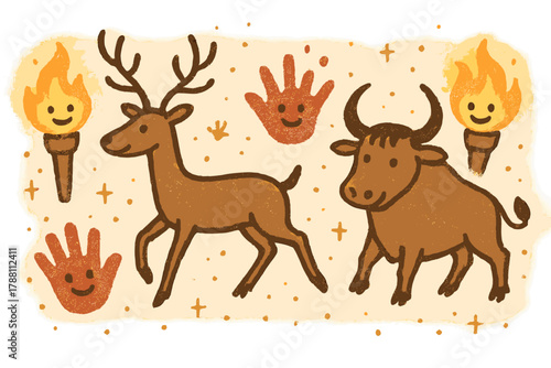 Playful Cave Art. Cute doodle Lascaux art illustration with cheerful deer and aurochs, cartoon hand stencils waving, smiling