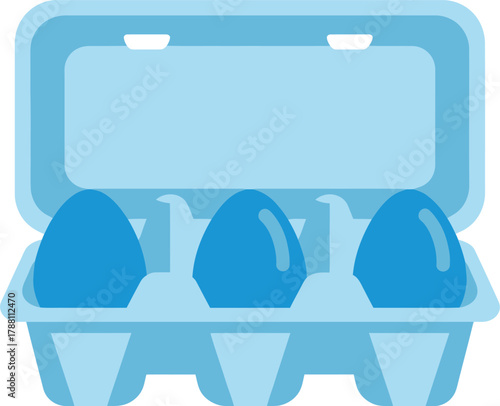 Flat design illustration of a light blue carton container holding three vibrant blue eggs, representing breakfast, easter, food, and grocery concepts.