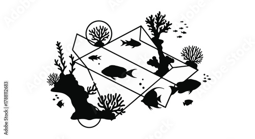 Abstract geometric aquarium with silhouetted fish and coral