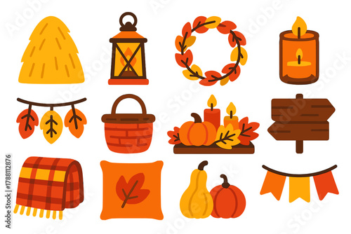 Autumn Decor Icons. Flat vector icons of autumn decorations: haystack, lantern, wreath with leaves, candle in jar, garland of