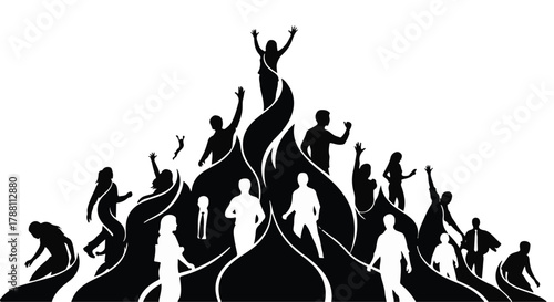 Diverse group of people celebrating success and achievement together on a symbolic mountain peak.