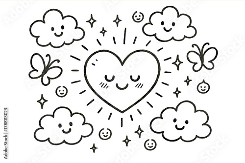 Heart-Shaped Eidolon. A doodle of an eidolon shaped like a glowing heart, surrounded by cheerful clouds, playful butterflies, and