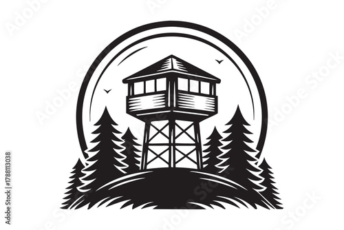 Silhouette illustration showing the observation tower amid pine forest and flying birds appears in black