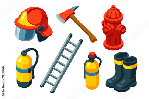 Firefighter Gear Icons. Isometric vector illustration set Firefighter Gear: shiny helmet, steel axe, extended ladder, fire hydrant