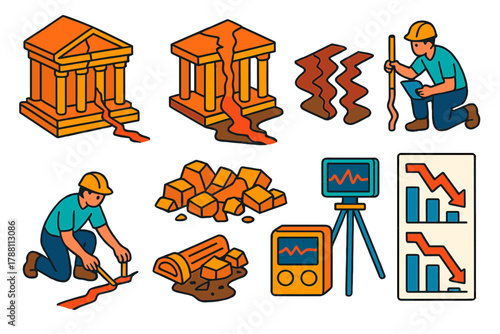 Ancient Temples in Ruins. Isometric vector illustration set Archaeoseismology: ancient temples with wall offsets, liquefaction