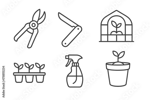 Horticulture Essentials Icons. Line style icons of horticulture essentials: pruner, grafting knife, greenhouse, seedling tray,
