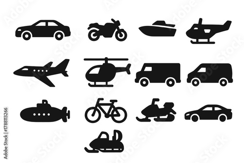 Agent Vehicle Icons. Solid style icons of agent vehicles: black sedan, motorcycle, speedboat, private jet, helicopter, armored