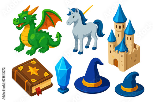 Magical Realm Icons. Isometric vector illustration set Magical Realm: green dragon, silver unicorn, tall castle, ancient spellbook