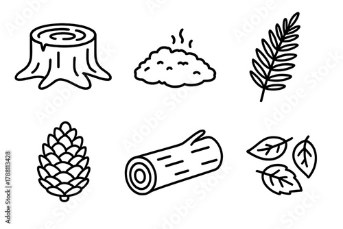 Forest Element Icons. Line style icons of forest environment: tree stump, moss patch, fern leaf, pine cone, fallen log, leaf