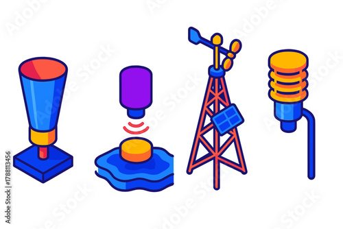 Hydrometeorological Tools Icons. Isometric vector illustration set Hydrometeorological Tools: Tipping bucket rain gauge,