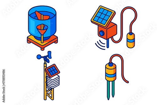 Hydrometeorological Tools Icons. Isometric vector illustration set Hydrometeorological Tools: Tipping bucket rain gauge,