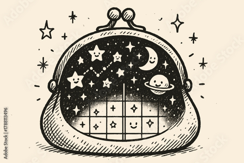 Starry Reticule Surprise. A doodle scene of a reticule opening to reveal a gridded sight inside, glowing with smiling