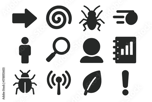 Behavioral Tracking Icons. Solid style icons of behavioral response tracking: arrow, spiral, cricket silhouette, motion lines,