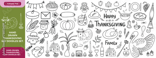 Hand-drawn Thanksgiving Day doodles collection. Line art illustrations with food, harvest, pie, turkey etc. Set of different holiday icons 