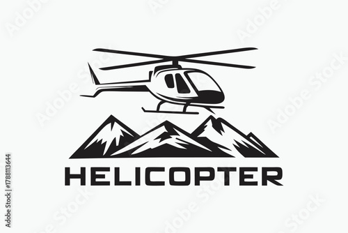 Silhouette of a helicopter flies over mountain peaks in a art style