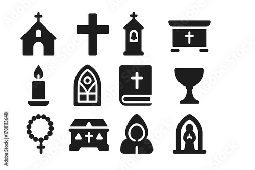 Medieval Religious Icons. Solid style icons of medieval religion: chapel, cross, bell tower, altar, candle, stained glass, holy