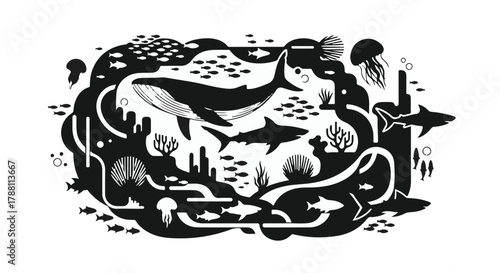 Whimsical underwater world teeming with diverse marine life and coral reefs.