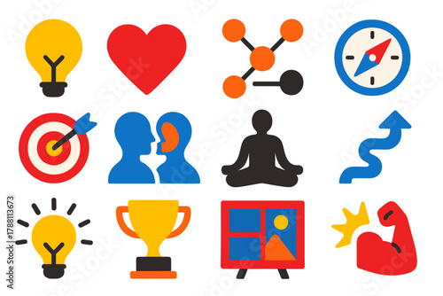 Minimalist Purpose Icons. Flat vector icons of sense of meaning and purpose: light bulb, heart, mind map, compass, goal target,