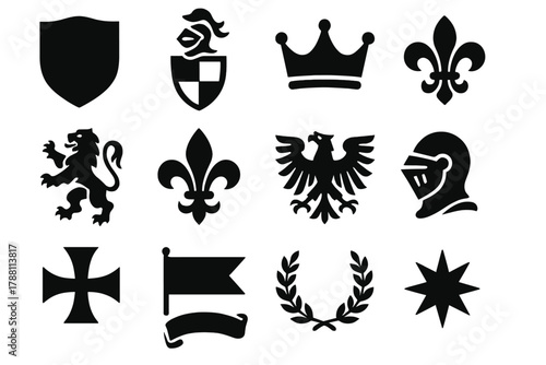 Knight Heraldry Icons. Solid style icons of knight heraldry: coat of arms, crest, crown, lion emblem, fleur-de-lis, eagle symbol,