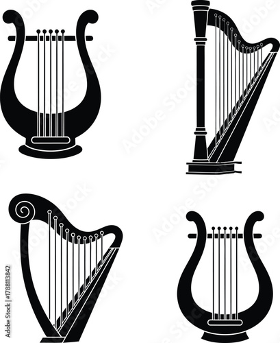 Stylized musical string instruments collection: two classical harps and two ancient lyres, depicted as elegant black silhouette icons.