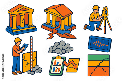 Ancient Temples in Ruins. Isometric vector illustration set Archaeoseismology: ancient temples with wall offsets, liquefaction