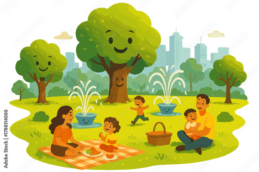 Fototapeta premium Urban Green Oasis. Green park in the city center with smiling trees, playful fountains, and families picnicking on glowing grass