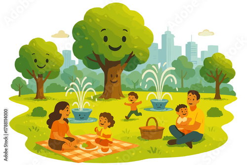 Urban Green Oasis. Green park in the city center with smiling trees, playful fountains, and families picnicking on glowing grass