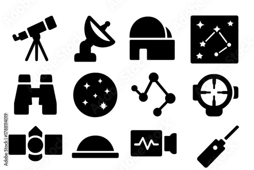 Astronomical Instruments Icons. Solid style icons of observatories: telescope, radio dish, observatory dome, star chart,