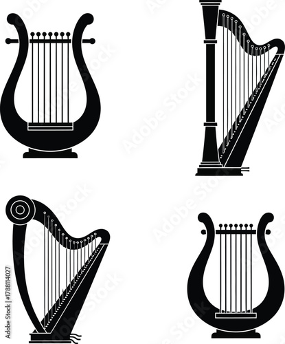 Silhouette icons of diverse stringed musical instruments, featuring classical harps and ancient lyres, presented in black on a white background