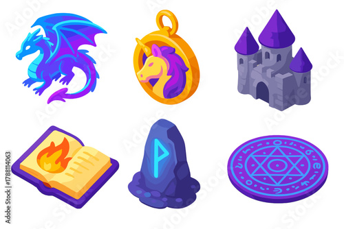 Arcane Fantasy Icons. Isometric vector illustration set Arcane Fantasy: glowing dragon, unicorn charm, castle keep, spellbook with