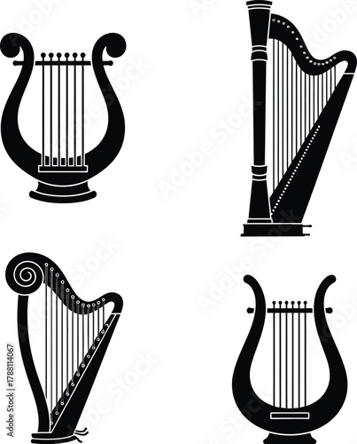 Black silhouettes of classic string instruments, including concert harps, folk harps, and ancient lyres, perfect for music, history, and art design icons.