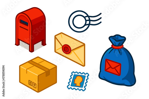 Bright Postal Icons. Isometric vector illustration set Post Office Service: red mailbox, sealed envelope, postage stamp, circular
