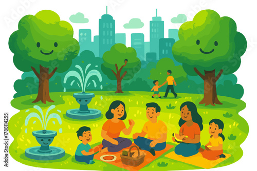 Urban Green Oasis. Green park in the city center with smiling trees, playful fountains, and families picnicking on glowing grass