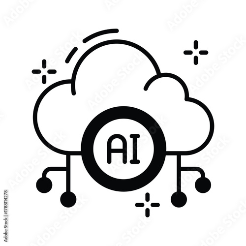 Cloud network glyph icon, artificial intelligence and online connectivity