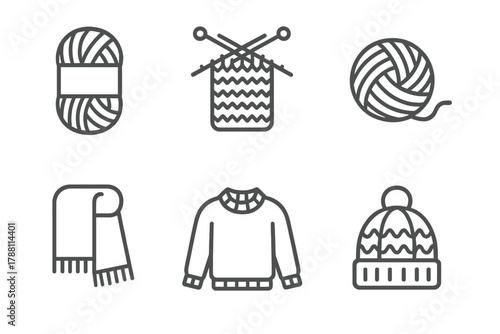 Knitting Basics Icons. Line style icons of knitting basics: yarn, knitting needles, ball of wool, scarf, sweater, hat. No text, No