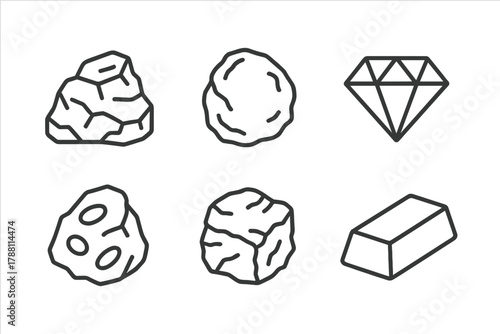 Mined Resources Icons. Line style icons of mined resources: coal, gold nugget, diamond, iron ore, copper chunk, silver bar. No