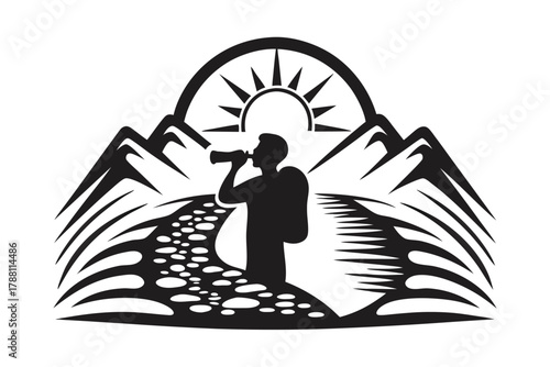 Silhouette of a hiker drinks from a canteen near mountains and sunburst graphic
