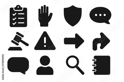 Community Rules Icons. Solid style icons of community rule enforcement: checklist, hand raising, shield, chat bubble, gavel,