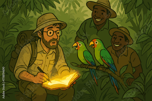 Linguist's Jungle Journey. Field linguist in the jungle with glowing notebooks, parrots repeating words, and friendly guides