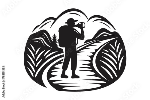 Silhouette of a hiker with backpack using binoculars amidst stylized mountain landscape in black and white