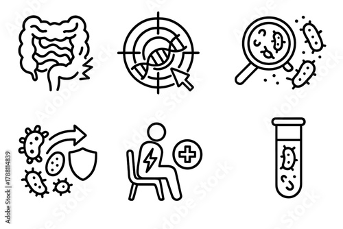 Microbiome Therapy Icons. Line style icons of Microbiome and Disease Treatment: inflammatory bowel icon, metabolic disorder target
