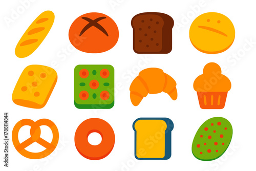 Colorful Bread Icons. Flat vector icons of bread types: baguette, sourdough loaf, rye bread, pita bread, ciabatta, focaccia,