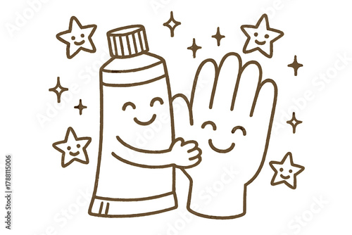 Happy Ointment Hug. A doodle of a happy bottle of ointment hugging a smiling hand, while cheerful stars sprinkle soothing sparkles