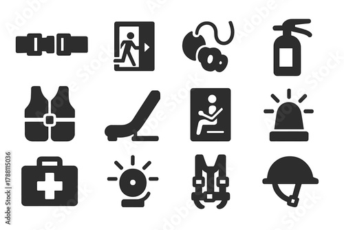 Flight Safety Icons. Solid style icons of flight safety: seatbelt, emergency exit door, oxygen mask, fire extinguisher, flotation